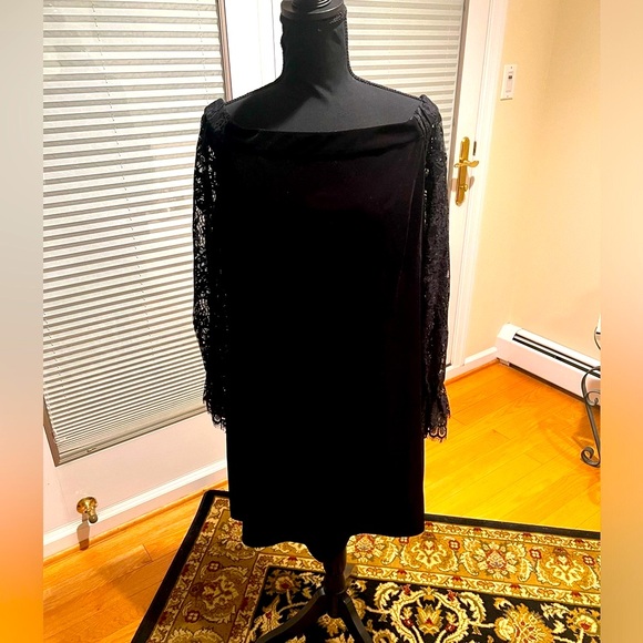 WHBM Black Velvet Mini  Dress with Lace Sleeves worn once - Picture 4 of 14